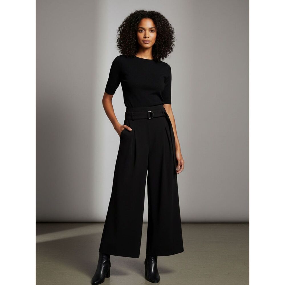 BCBGMAXAZRIA Black Pleated Wide Leg Belted Pants - Size M
